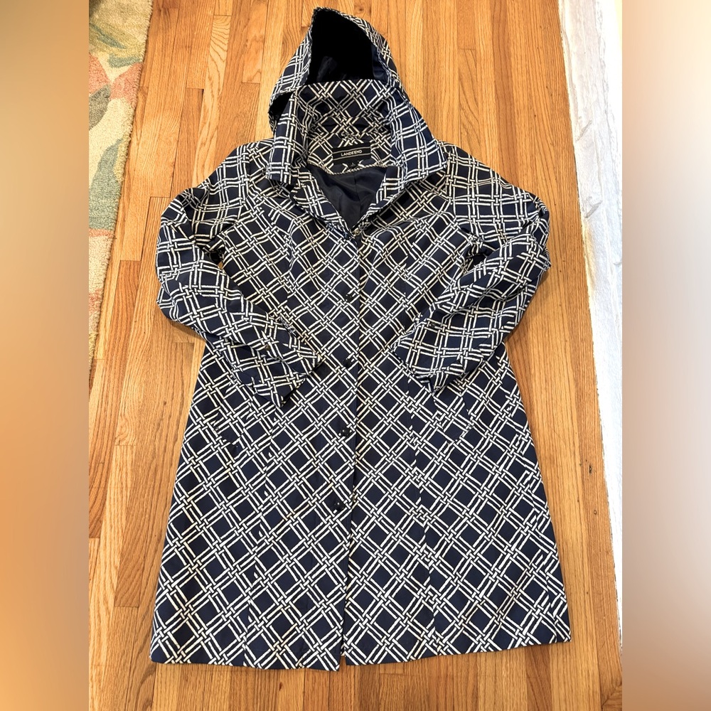 Lands End Navy and White Plaid Hooded rain jacket, knee length.